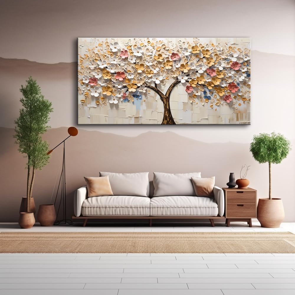LASMOND Abstract Wall Art Teal Nature Tree of Life Canvas Painting Picture, Modern Large Panoramic Landscape Artwork Framed for Bedroom Living Room Bathroom Office Home Decor (30x60 Inches)