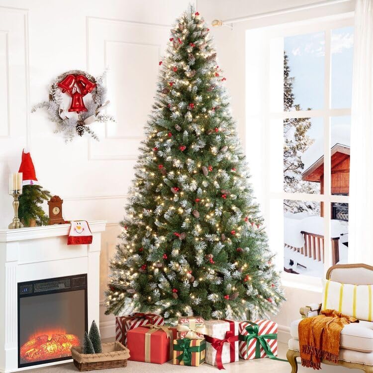 Naomi Home 7 5ft Snow Flocked Christmas Tree with Lights Realistic Spruce Christmas Tree with Pine Cones Berries Foot Pedal 1346 Branch Tips 550 Warm Lights and Metal Stand Pre Lit Xmas
