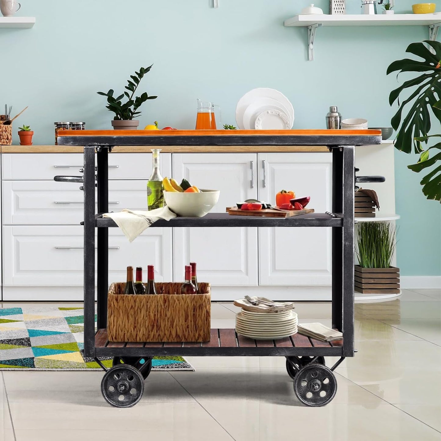 Diwhy Industrial 3 Tier Rolling Utility Storage Cart Wine Beverage, Metal Wine Rack with Wheels Kitchen Bar Dining Room Tea Wine, Storage Cart with Wood