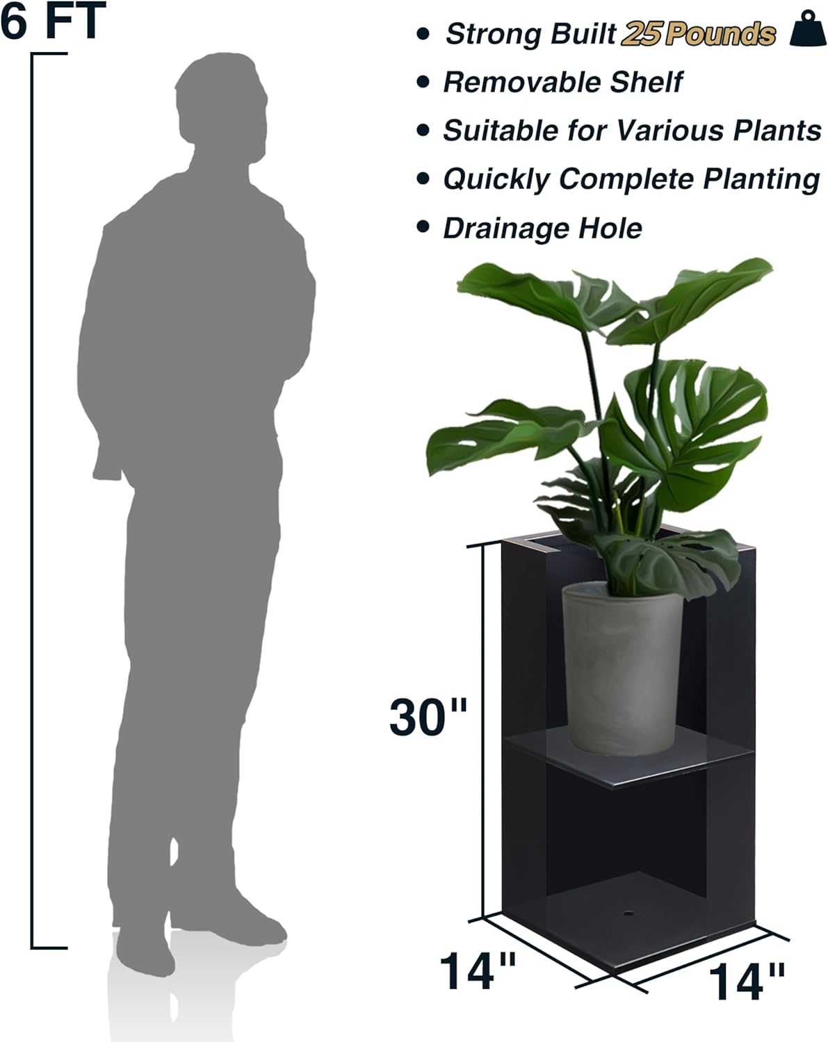 Metallic Heavy Planter for Outdoor Plants, 14Lx14Wx30H Inches, Tall Metal Planter Box with Hand Brushed Gold Edge for Outside & Indoor, 25 Pounds, No Assembly and Seamless, Set of 2 (Black)