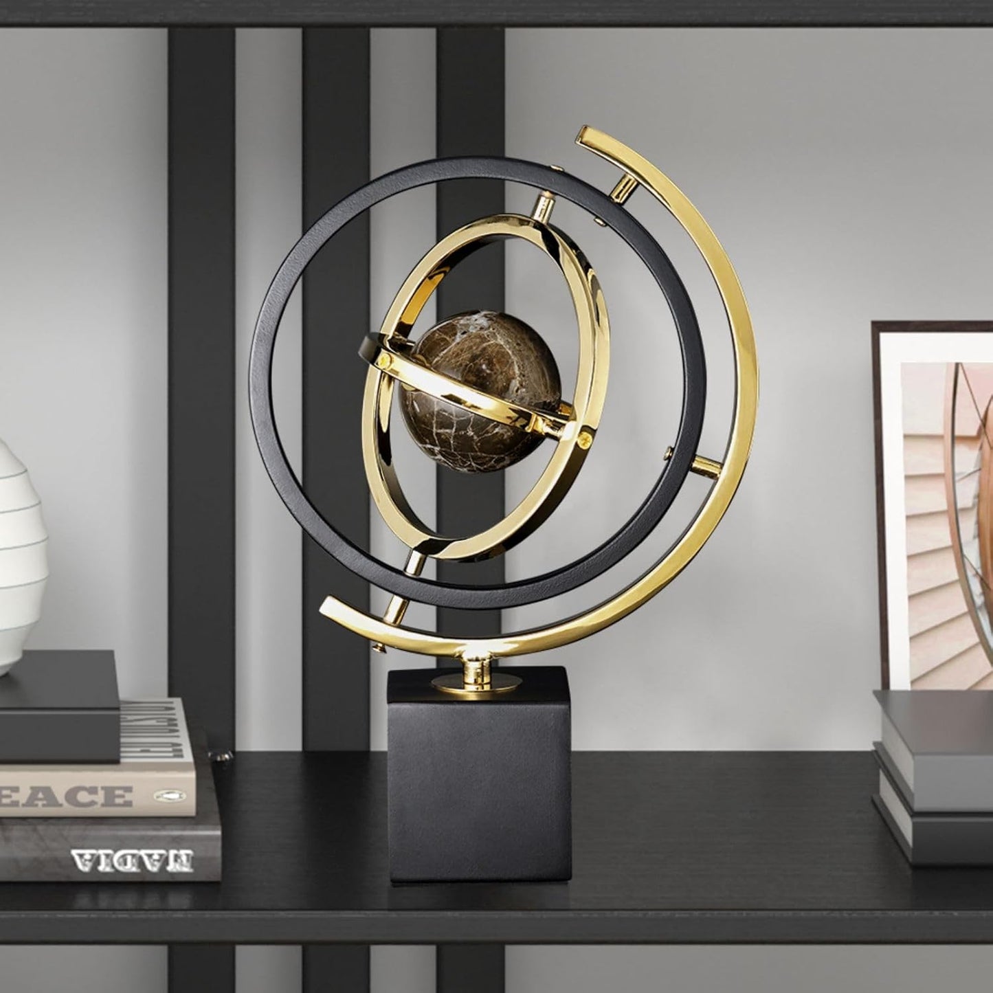 homary Modern Sculpture Decor Abstract Art Decoration Metal Globe Ornament Living Room Decor with Rectangle Stand Black & Gold