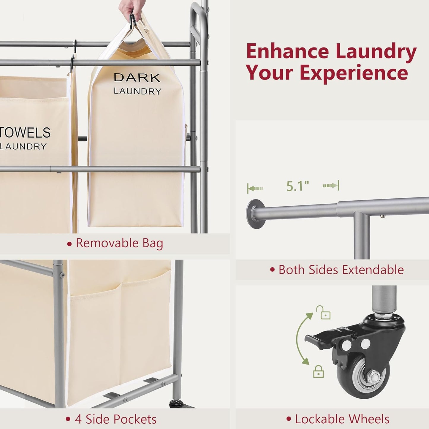 Tajsoon Laundry Hamper with Hanging Rack, Laundry Sorter 4 Sections, 4 Basket Butler with Lockable Wheels and Removable Bag, Rolling Laundry Cart for Bedroom, Beige