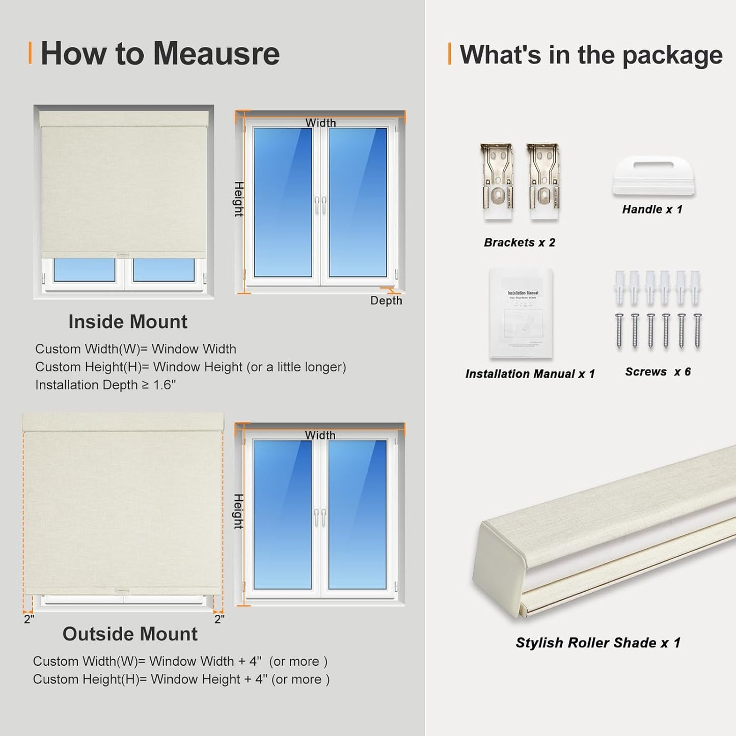 Persilux Blackout Shades for Windows Cordless Roller Blinds, Roller Windows Shades for Home with Fabric Attached Valance, UV Protections Easy Installation for Door/Office, Limestone(50.5" W x 56" H)