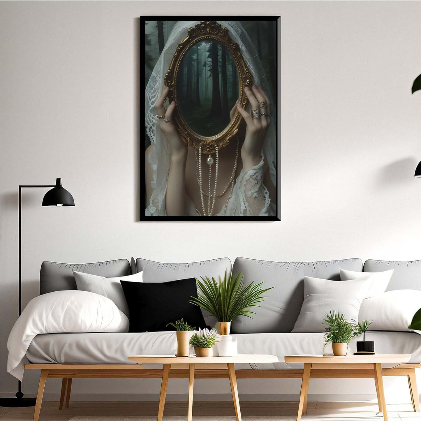 Mirror face covering dark art poster print melancholy gothic painting vintage feminine print victorian style decoration antique art20x30in Metal blackFramed