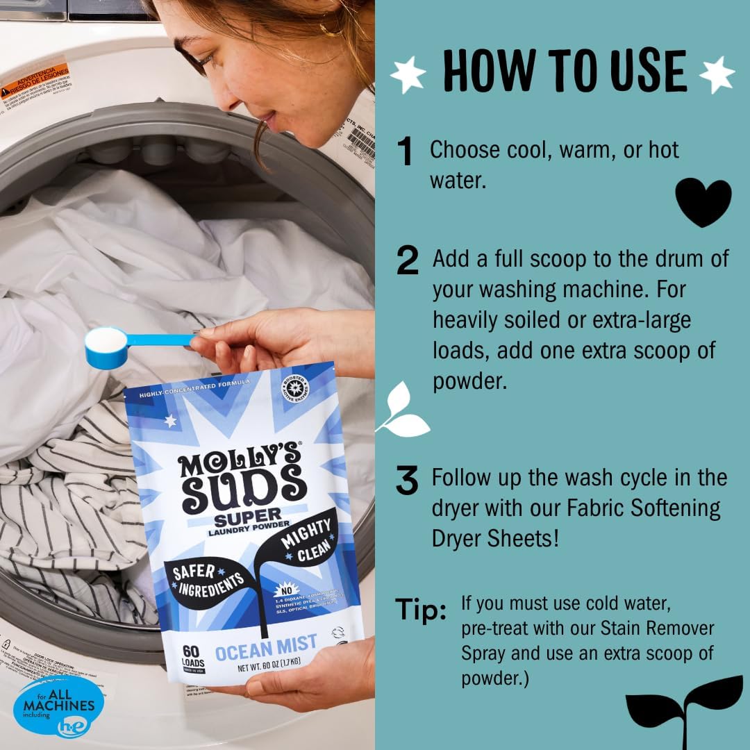 Molly's Suds Unscented Super Powder Detergent | Extra Strength Laundry Soap, Stain Fighting | Sensitive Skin | Simple, Effective Ingredients | 60 Loads