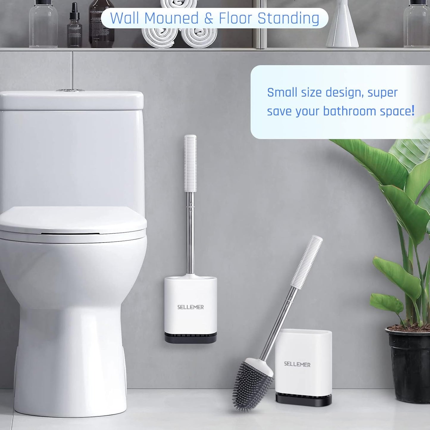 Sellemer Toilet Brush and Holder Set for Bathroom, Flexible Toilet Bowl Brush Head with Silicone Bristles, Compact Size for Storage and Organization, Ventilation Slots Base (4 Pack, Multicolor)