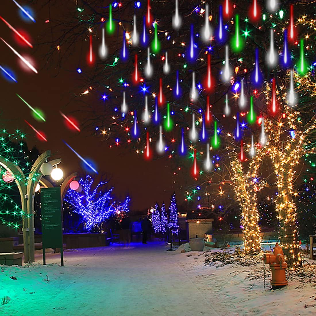 Christmas Lights Outdoor Tree Cascading Icicle Lights 12 inch 8 Tubes Shooting Star Waterfall Meteor Shower Falling Rain Light for Holiday Decorations Wedding Party New Year (Multi Color)