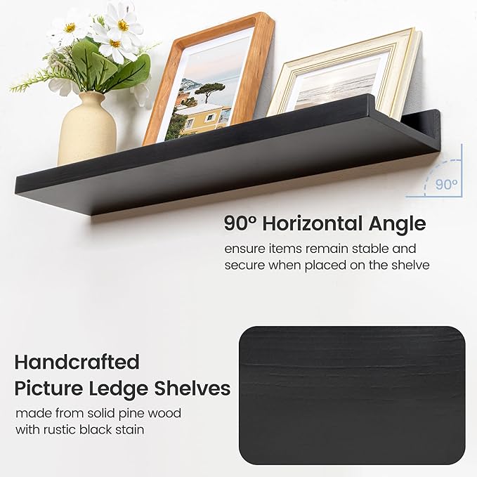 Picture Ledge Wall Shelves 24 inches Width Set of 3, Solid Pine Wood Rustic Floating Ledge Shelves for Kids' Room Bedroom Kitchen Bathroom Living Room Nursery Display Wall Decor, Black