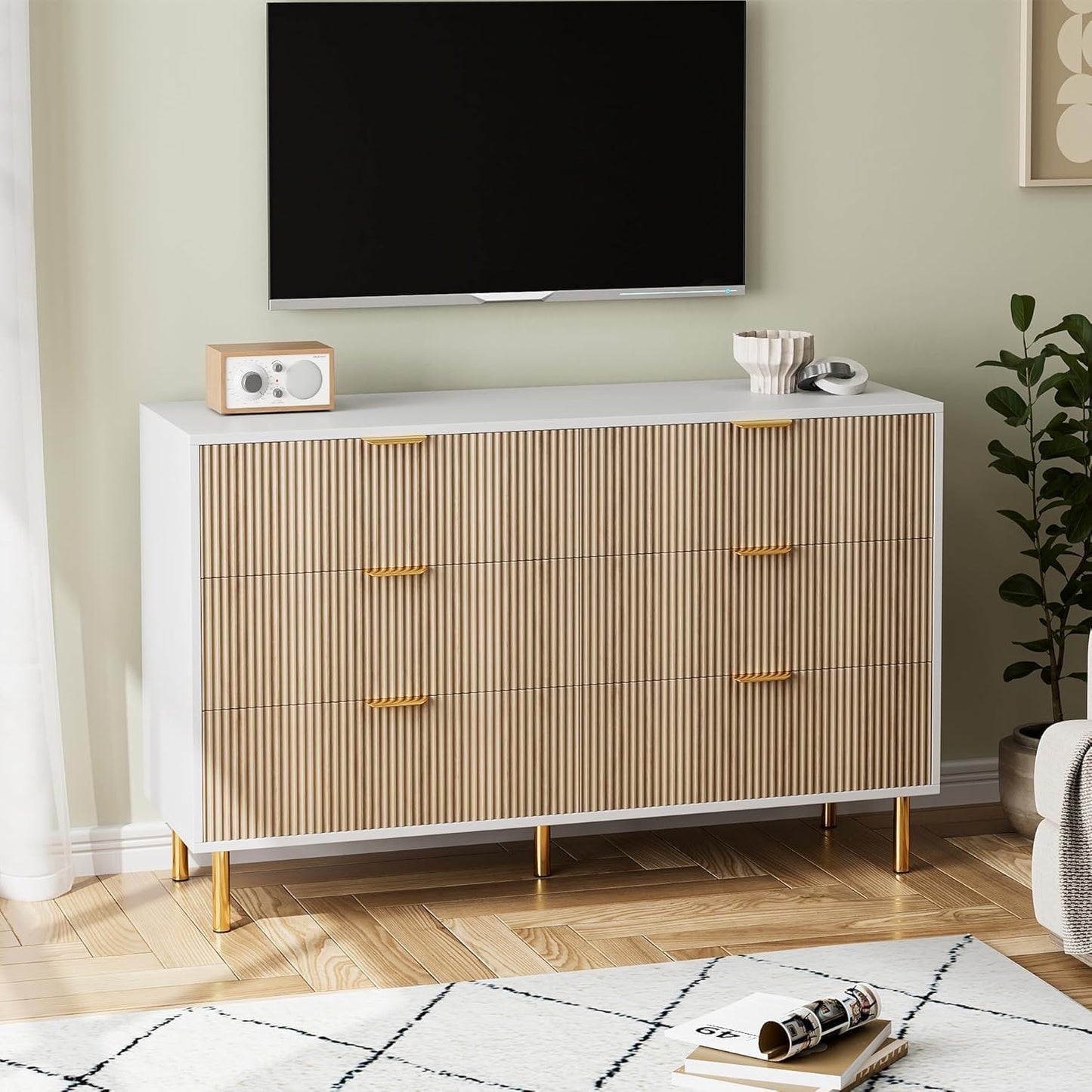 GAOMON 6 Drawer Dresser, Wood Chest of Drawers Organizer Storage with Gold Handle, Large Storage Cabinet, Modern Design Dresser for Bedroom, Living Room, Closet, Hallway, Entryway, Natural
