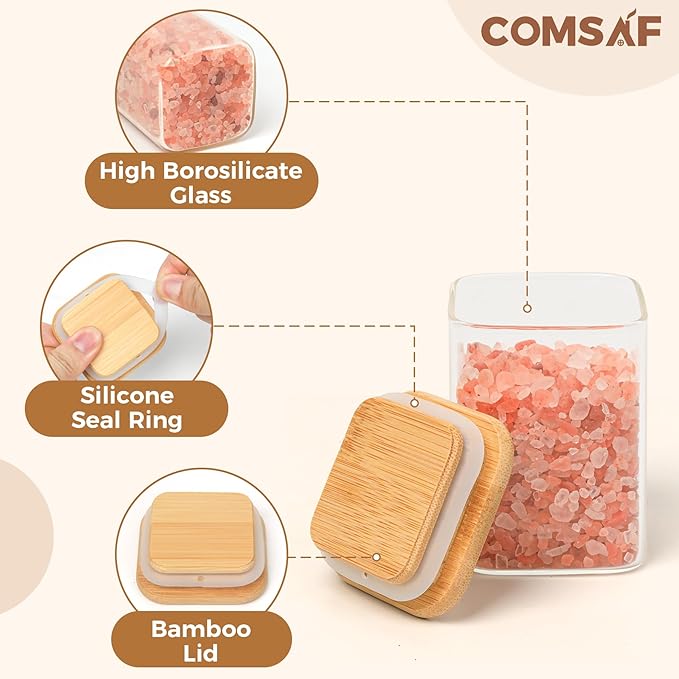 ComSaf 16Pcs Glass Spice Jars with Bamboo Lid, 6oz Airtight Square Containers with 275 Black Lables, Empty Seasoning Jars for Salt Sugar