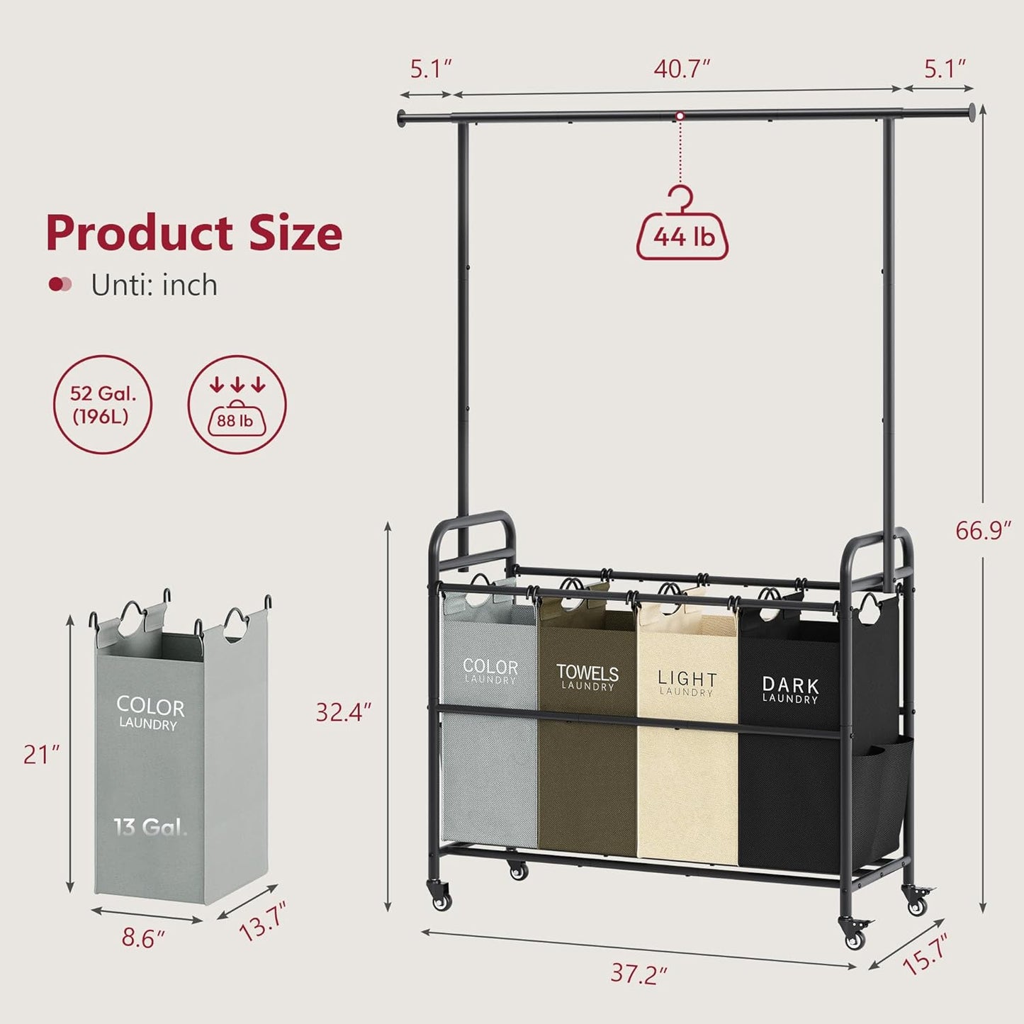 Tajsoon Laundry Sorter Cart with Hanging Clothes Rack, 4 Butler Sorter Basket Organizer, Laundry Hamper Cart with Heavy Duty Rolling Lockable Wheels, 4 Colors