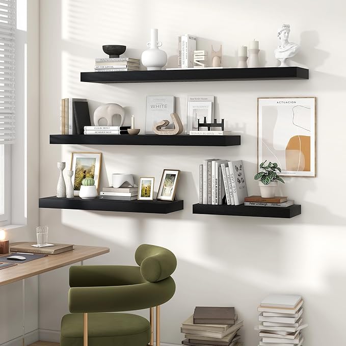 Heimlove 55 Inch Floating Shelves for Wall,10 Deep Large Black Wall Shelf with Heavy Duty Brackets,Mounted Storage & Display Shelves for Bedroom,Living Room,Kitchen,Office,Set of 2