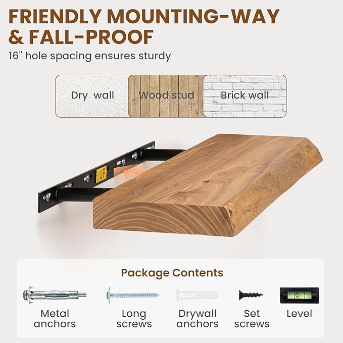 Fun Memories 40" Floating Shelves for Wall, Live Edge Solid Elm Wood Floating Shelf with Invisible Bracket, Wall Mounted Display Wooden Shelves for Bathroom, Kitchen, Bedroom, Natural Color, Set of 1