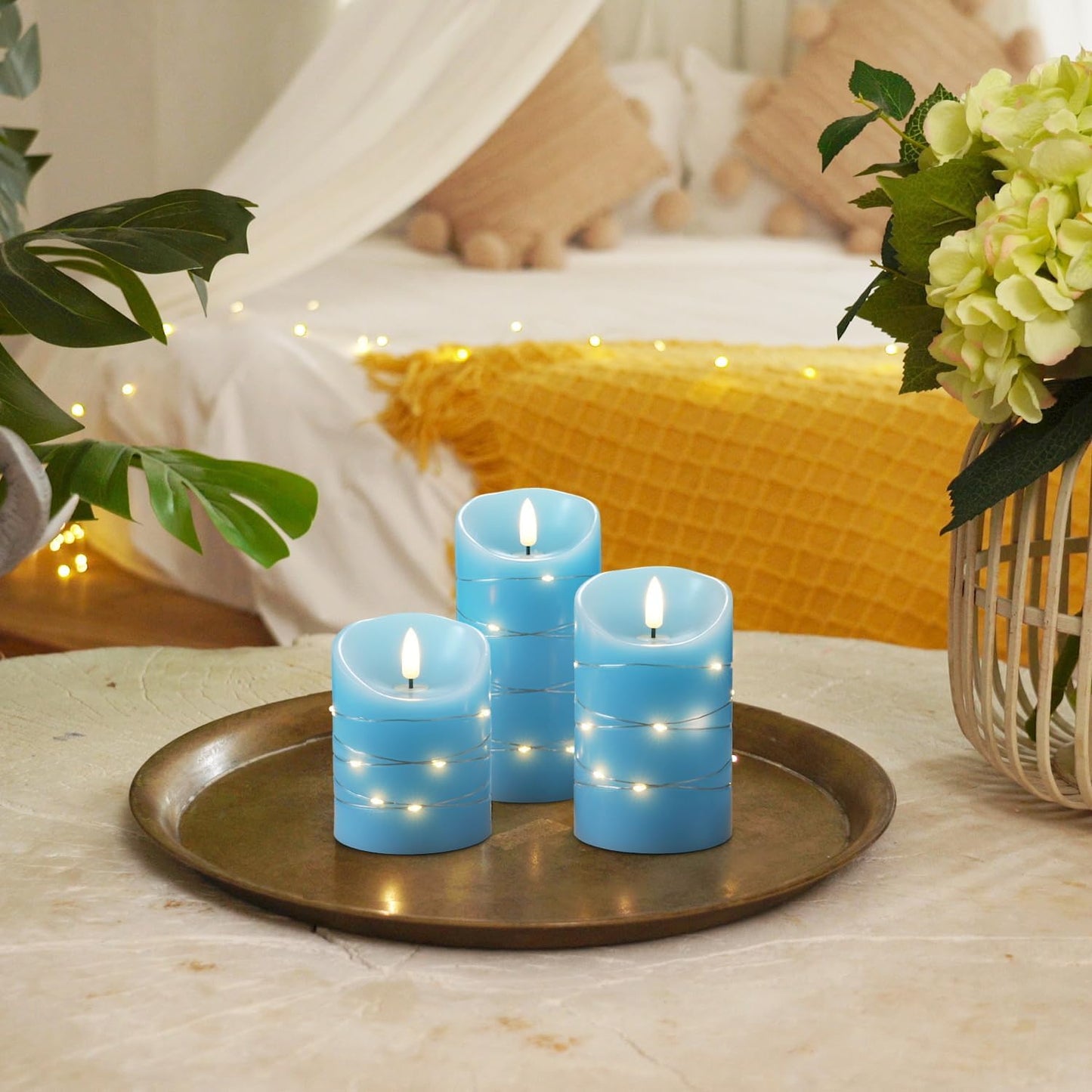 Homemory Flameless Candles with String Lights, 3 Pack Embedded Fairy String Lights LED Candles, Electric Flickering Candles with Remote Control and Timer, Real Wax, Blue