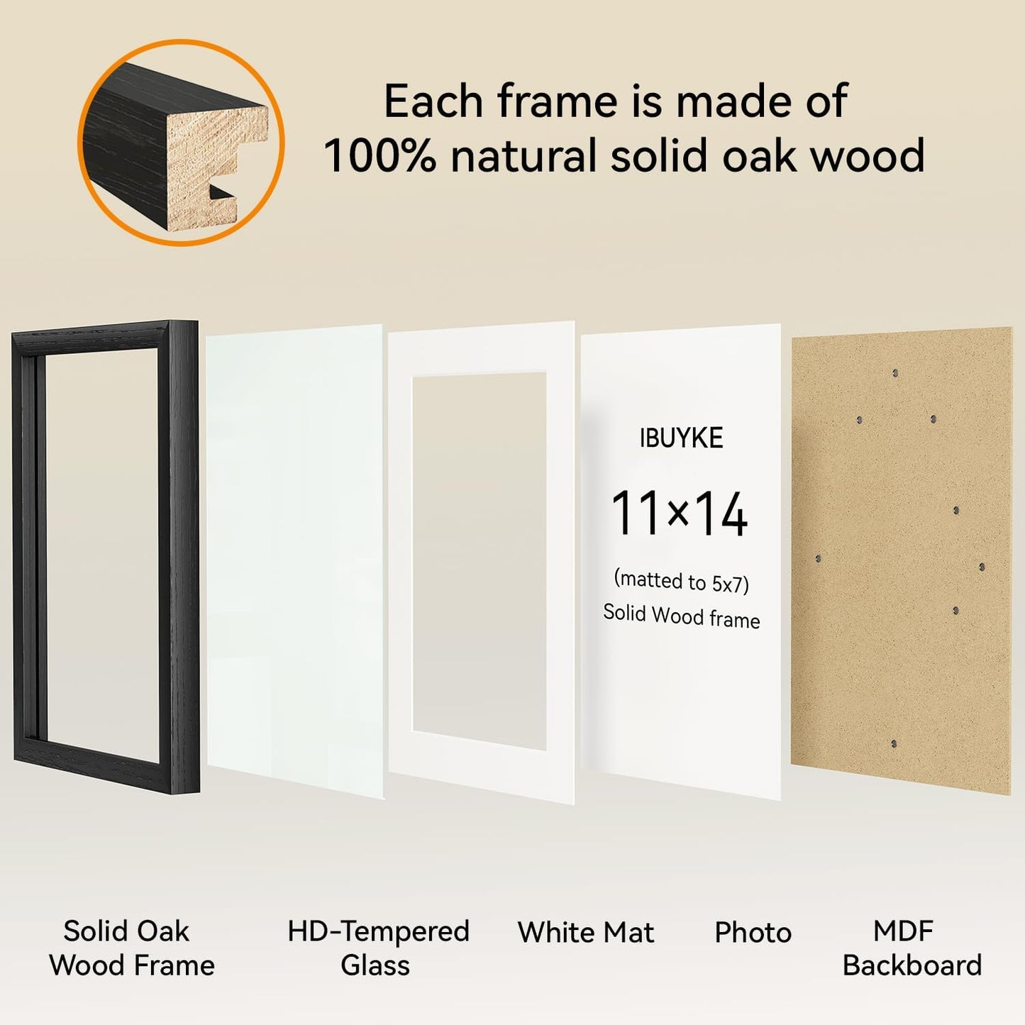IBUYKE 11 x14 Picture Frame,Set of 3,Solid Oak Wood 11x14 Photo Frame with Mat to 8x10,11x14 Picture Frames With Tempered Glass,Wall Mount Display,Home Decor,Black Oak 14 x 11 Frame,UWPF1114B-3