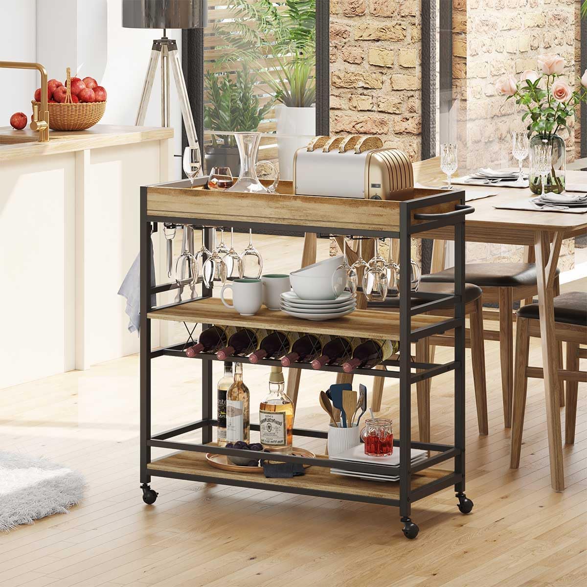 BON AUGURE Bar Cart for The Home, Bar Serving Carts on Wheels, 3 Tier Storage Drink Trolley, Rolling Wood and Metal Liquor Beverage Cart (Vintage Oak)