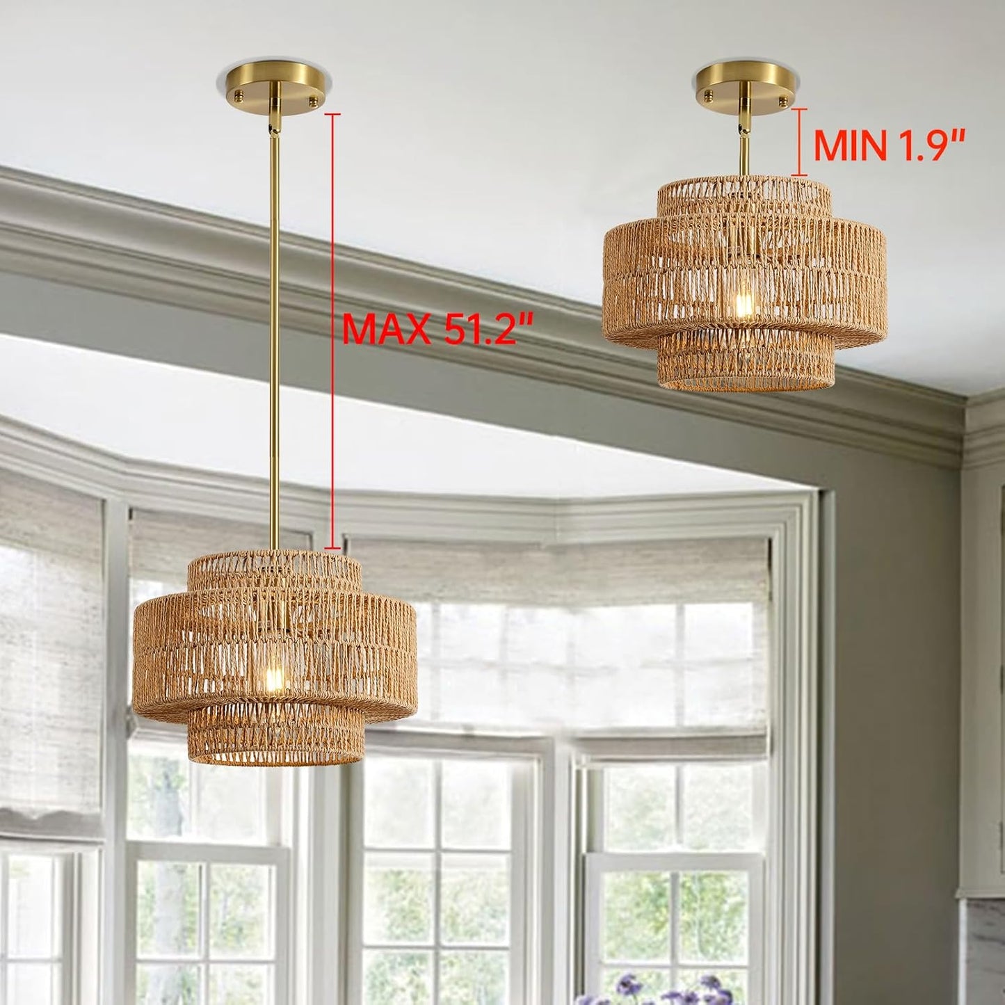 12.4” Boho Rattan Chandelier Light Fixture, 1-Light Hand Woven Pendant Light Fixture Farmhouse Rustic Hanging Lamp for Kitchen Island Bedroom, Dining Room, Living Room, Entryway, Foyer