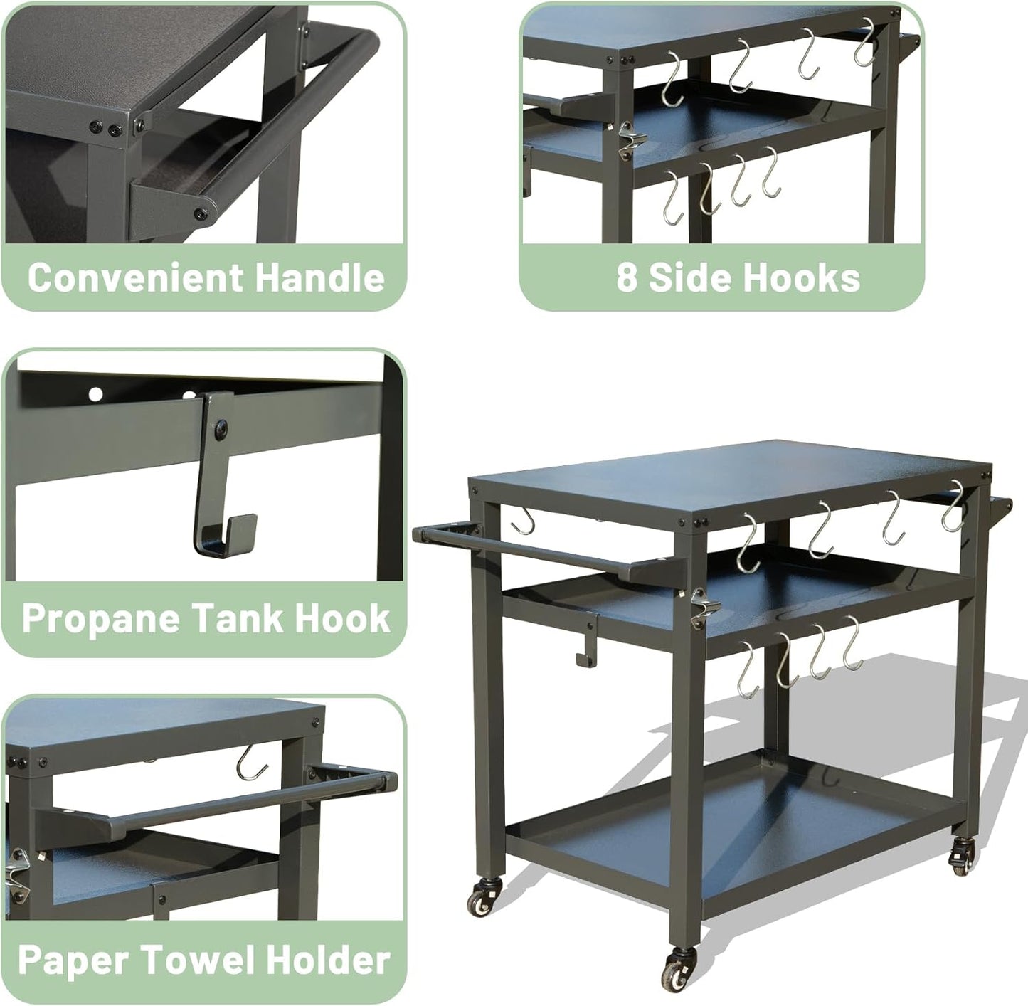 Domi 3-Shelf Outdoor Grill Table, Grill Cart with Wheels, Pizza Oven and Food Prep Table, Blackstone Griddle Stand with Propane Tank Hook for Outside BBQ