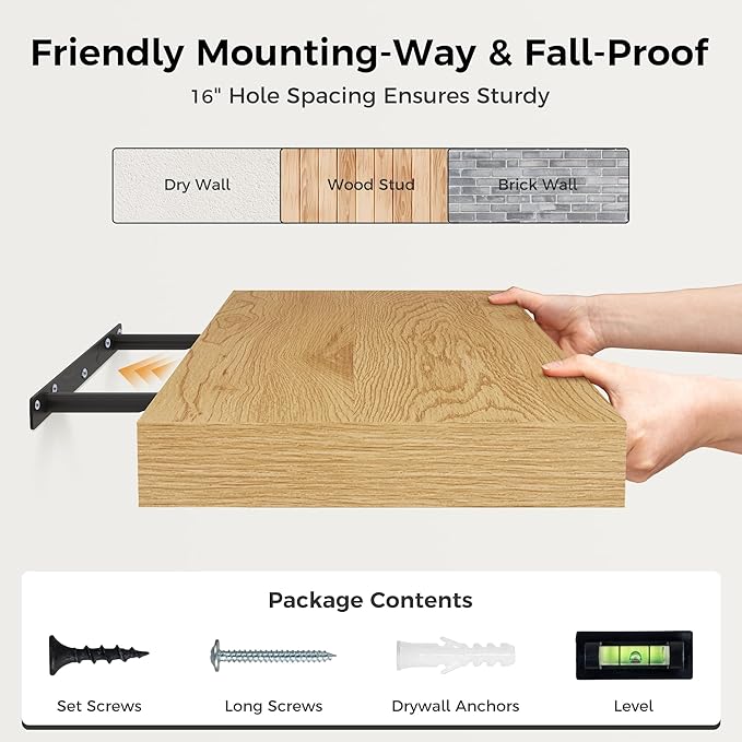 Floating Shelves 30 Inch Long, 12 Inch Deep Floating Shelf for Books, Rustic Wood 30 x 12 Storage Shelves for Wall Storage & Display, Thicked Wall Shelf for Kitchen, Living Room, Oak Color, 1 Pack
