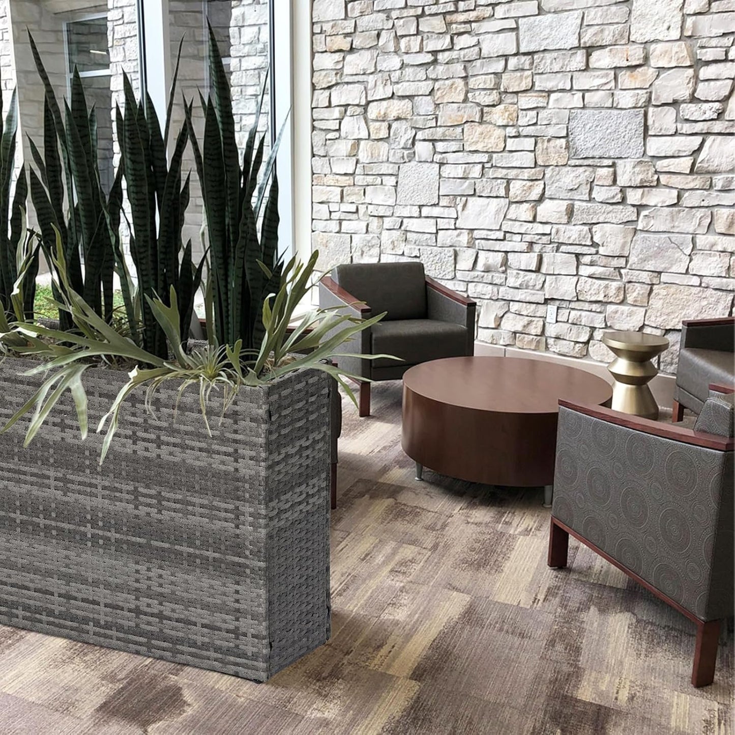 SUNNYPARK Tall Rectangular Planter with Removable Liner, All-Weather PE Rattan Large Modern Planters Indoor Outdoor Flower Plant Pots Garden Box Patio Yard Front Porch Deck