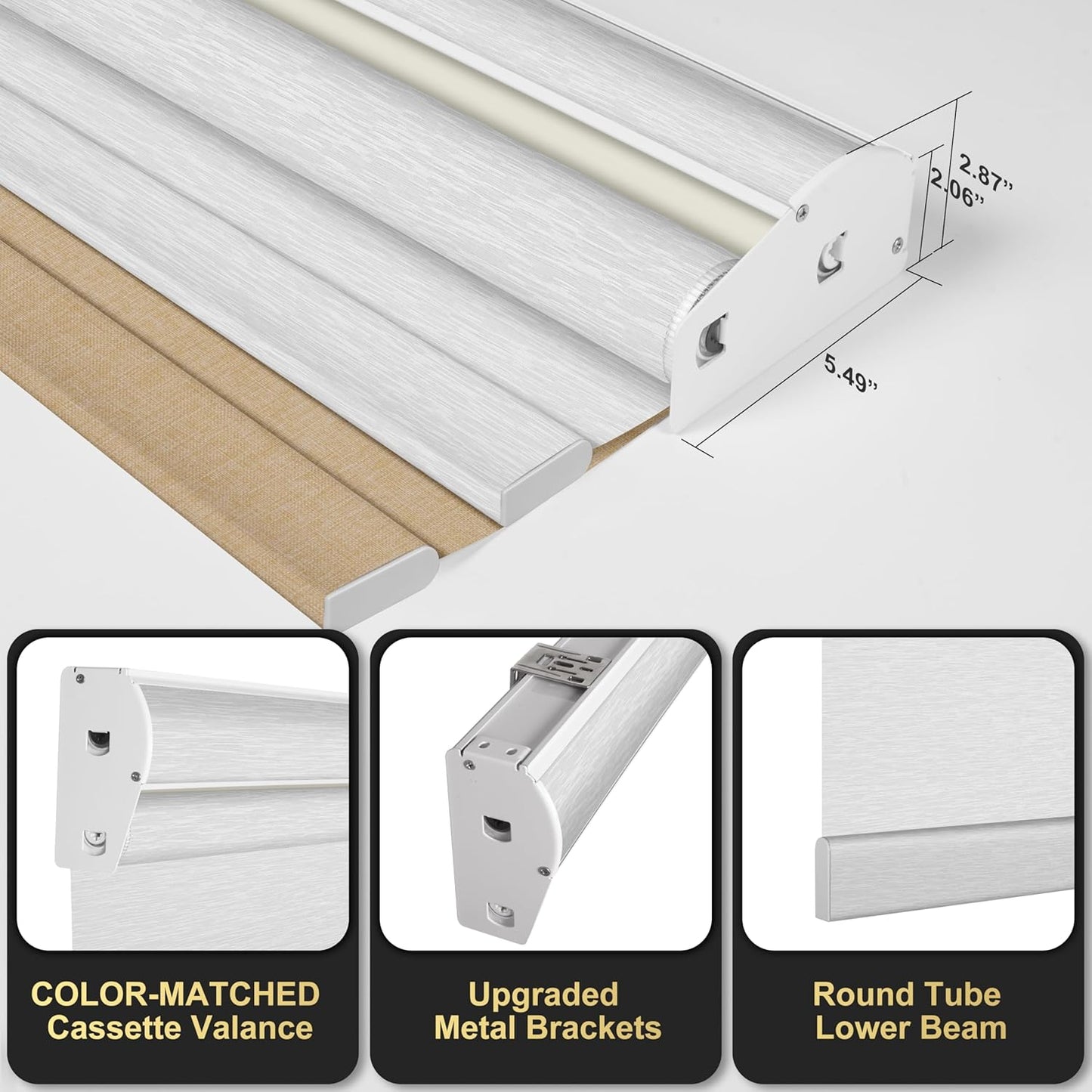 BERISSA Dual Roller Shades with Cassette Valance, Blackout and Light Filtering, Day and Night Shades for Home Office Door. Linen Beige and White. 55 W x 36" H