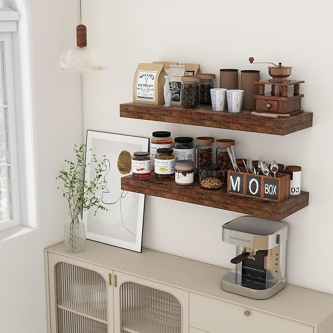 Deep Floating Shelves, 12 Inch Deep Rustic Floating Shelves for Wall Set of 2, 36W x 12D Large Wood Shelves for Living Room Bathroom Laundry Room Bedroom Kitchen Home Office - Rustic Brown