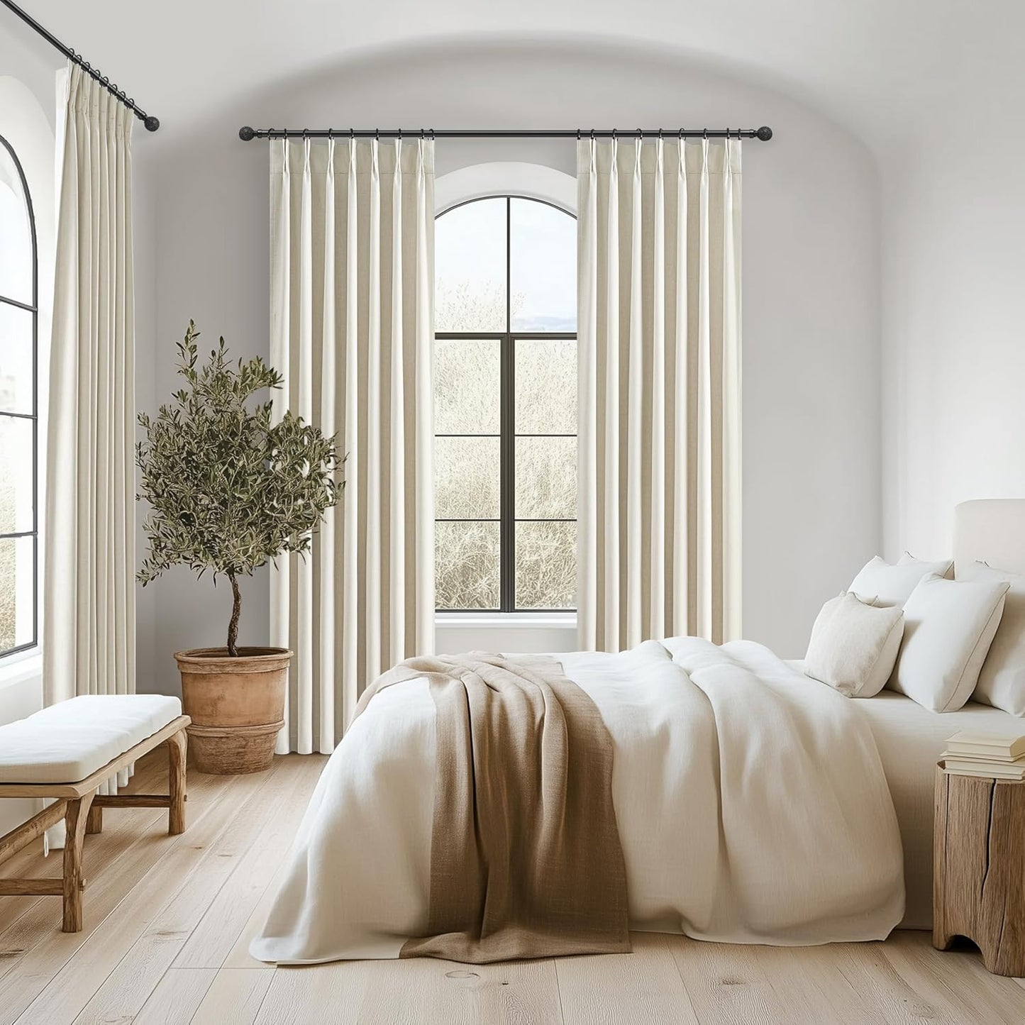 Warm Cream Extra Long Pleated Black Out Curtains 105 Inches Long for Living Room, Natural Linen Blend Patio Door Curtain with Track&Back Tab 2 Panels Set Insulated Privacy Window Drapes (40"Wx105"L)
