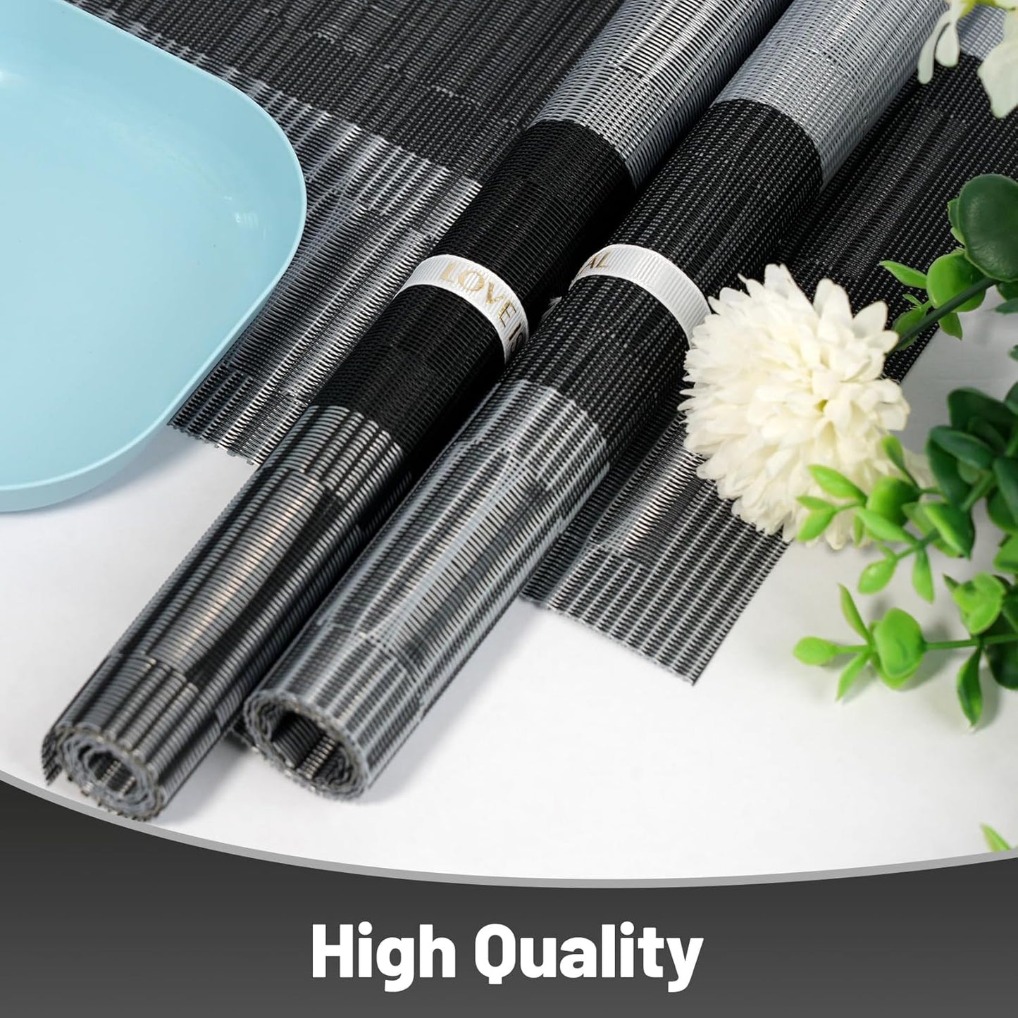 Placemats Set of 12,Non-Slip PVC Weave Table Mats Easy to Clean,Heat Resistant Place Mats for Kitchen Dining Table Decoration Indoor Outdoor,Black Gray