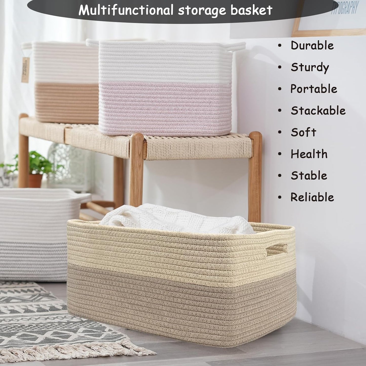 COMFY-HOMI Cotton Rope Woven Basket with Handles for Shelves,Toys,Book, Cloth Storage Baskets for Organizing-17" x 13" x 7.5" Toy Decorative Organizer for Living Room, Bathroom (Beige brown)