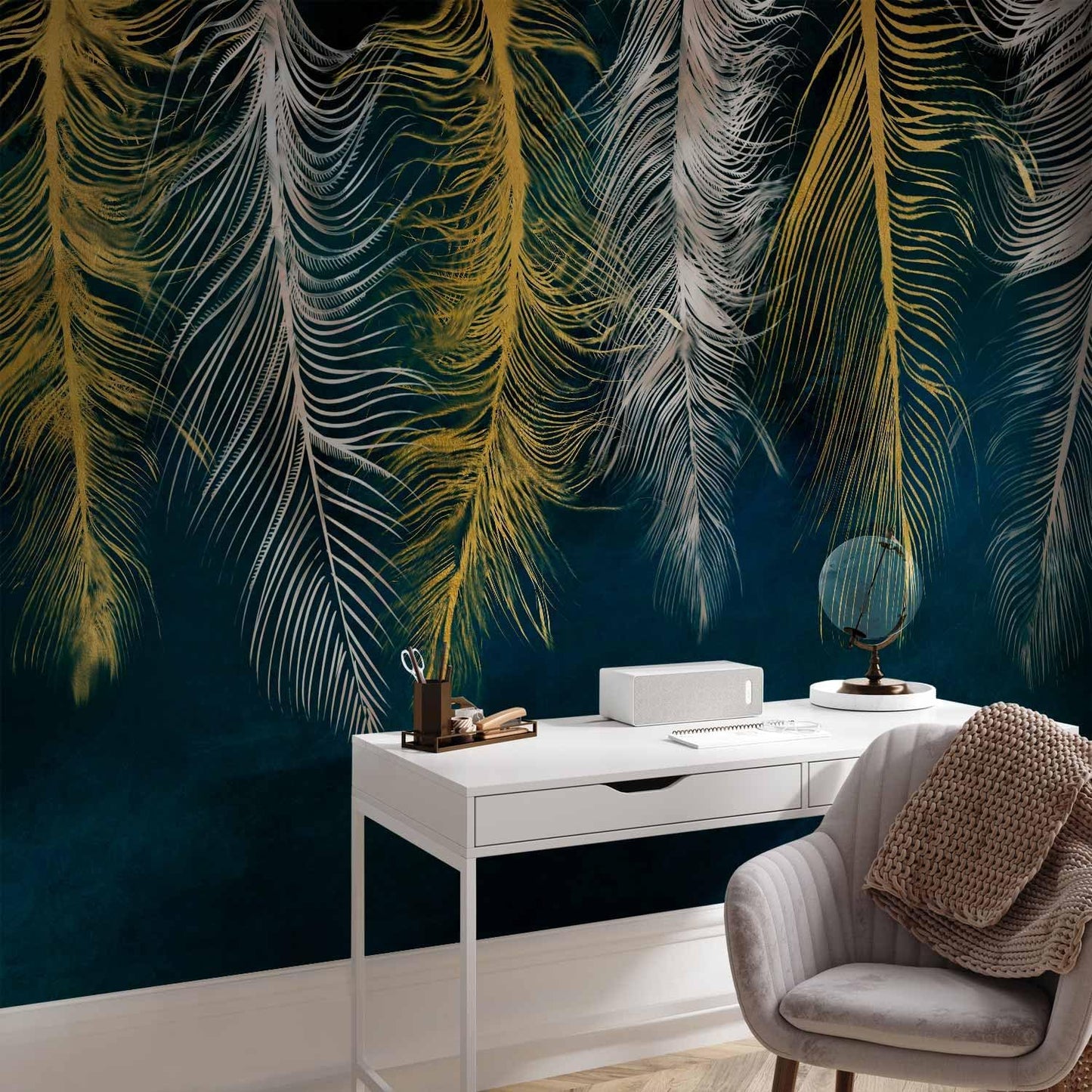 artgeist Wall Mural Feather 193x138 in - XXL Peel and Stick Self-Adhesive Wallpaper Removable Large Sticker Foil Wall Decor Print Picture Image Design Abstract Beige Navy Blue b-A-0812-a-a