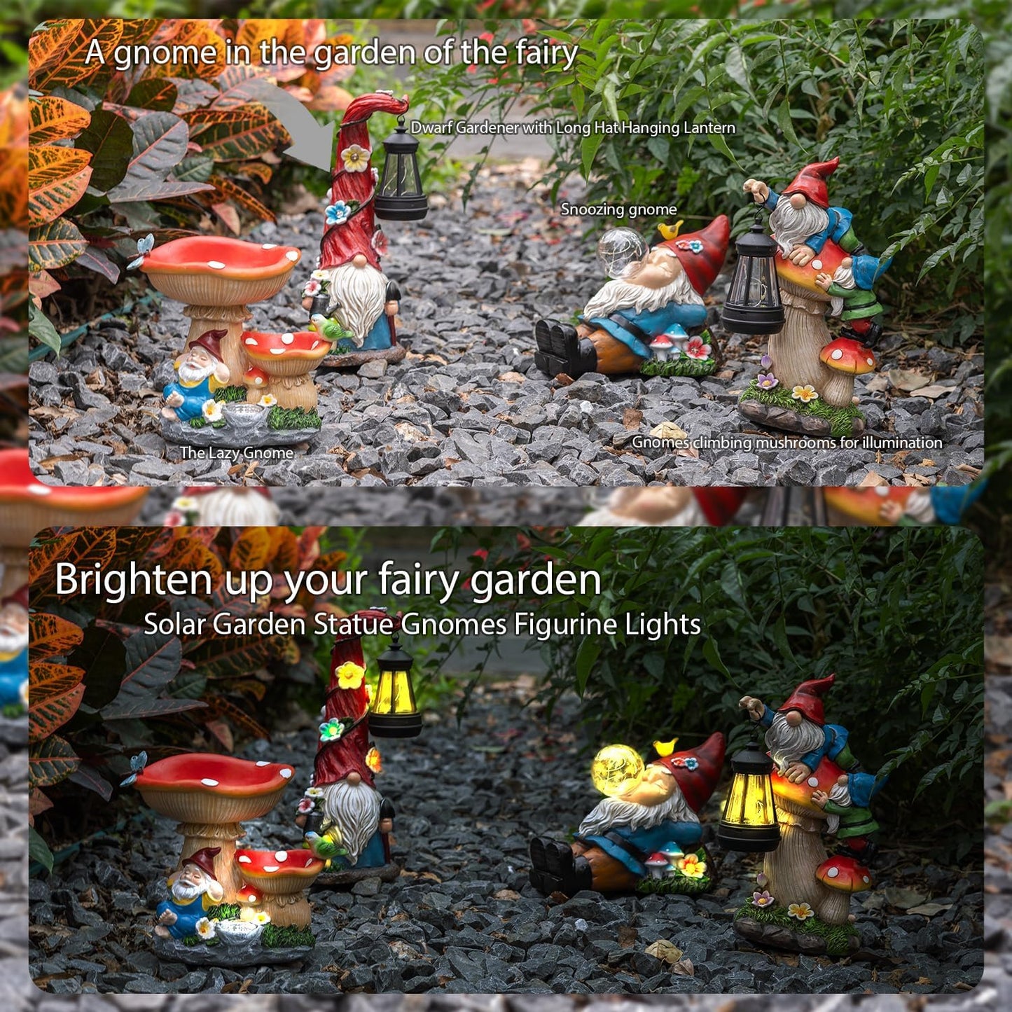 TIJNN Solar Gnome Statue with LED Lights, Bird Water Feeder Garden Decor for Patio, Lawn, or Home, Mushroom Figurine Outdoor Decoration Garden Gifts