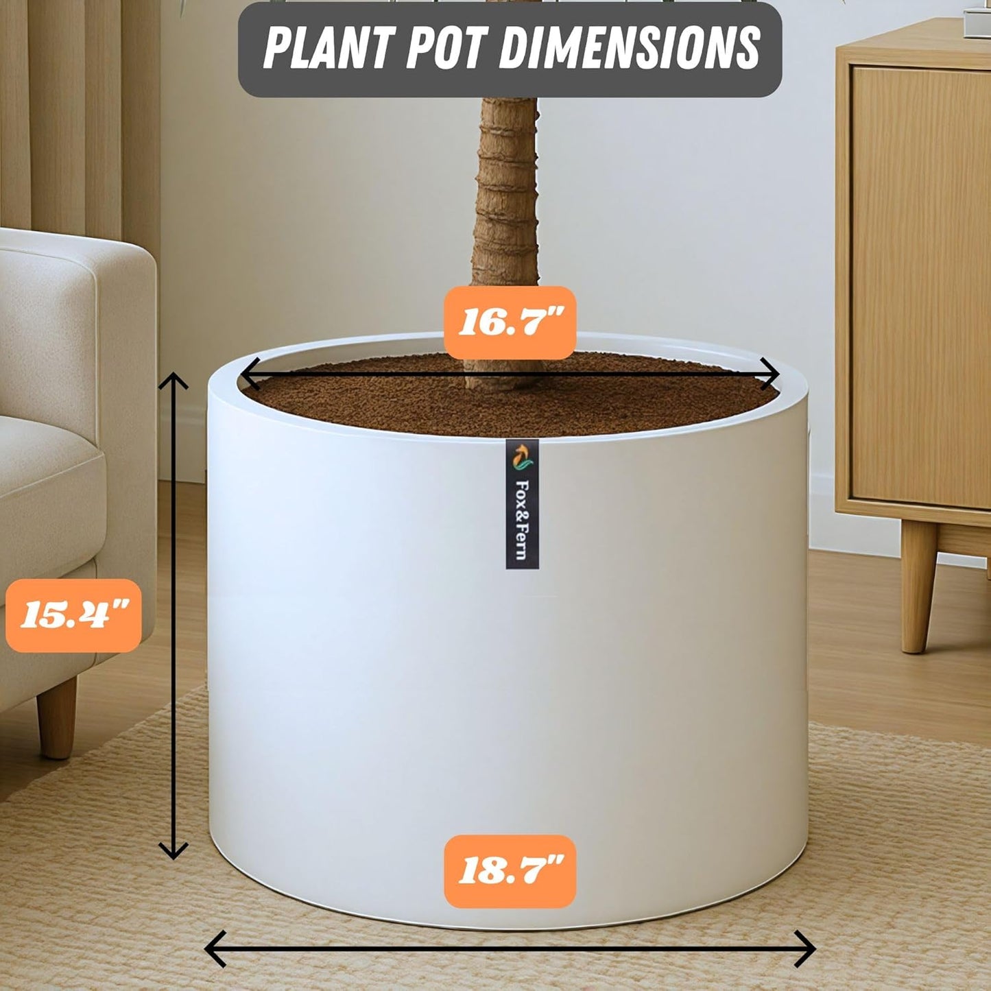 Fox & Fern 18.7 Inch Extra Large Planter — Premium Lightweight Fiberstone Matte White Plant Pot with Drainage Plug; Extra Large Planter for Indoor & Outdoor Use; Weather Resistant & UV Resistant