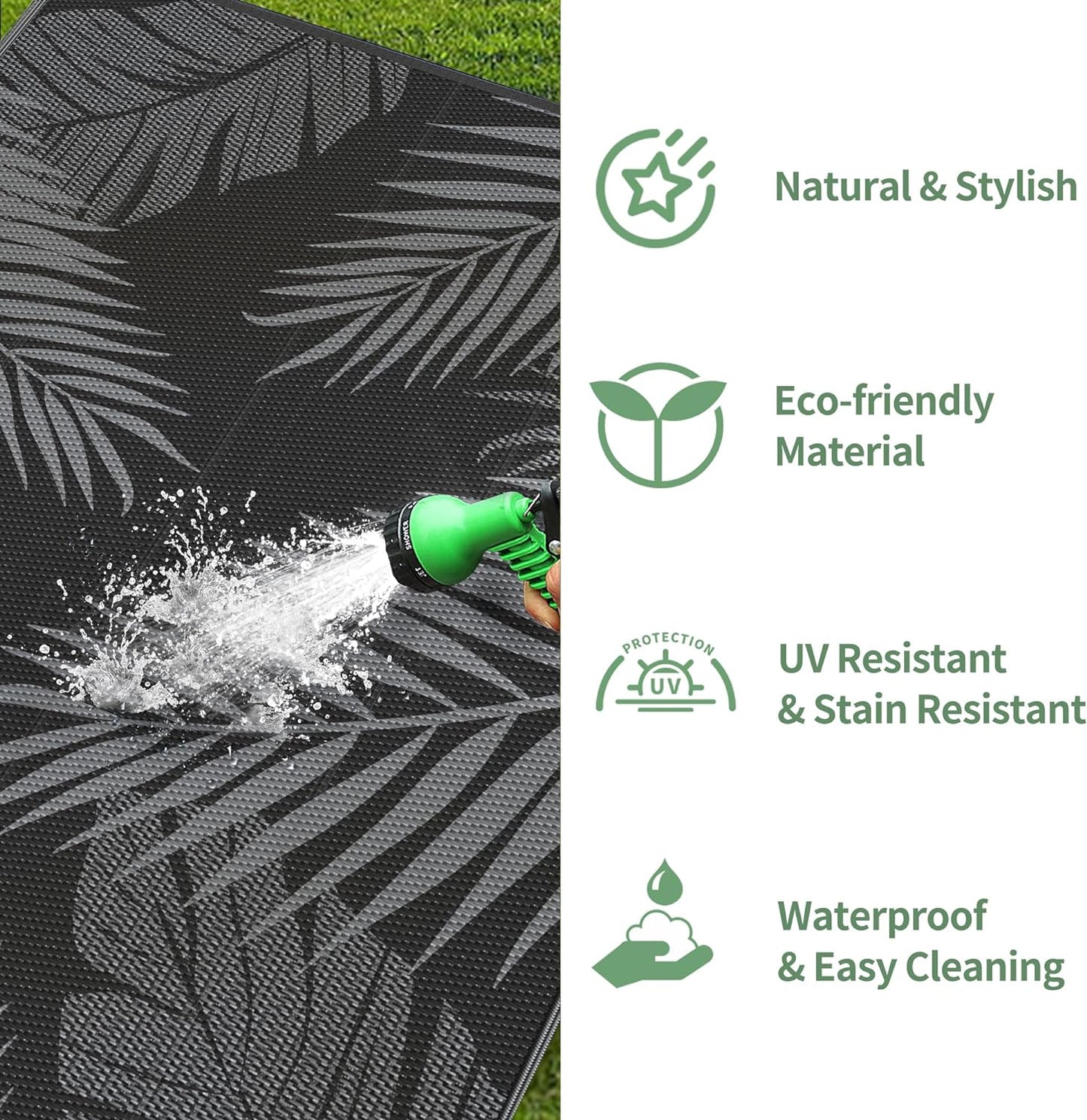 GENIMO Outdoor Rug 9' x 12' Waterproof for Patios Clearance, Reversible Outdoor Plastic Straw Camping Rug Carpet, Large Area Rugs Mats for RV, Camper, Deck, Balcony, Porch, Beach, Picnic, Black&Grey