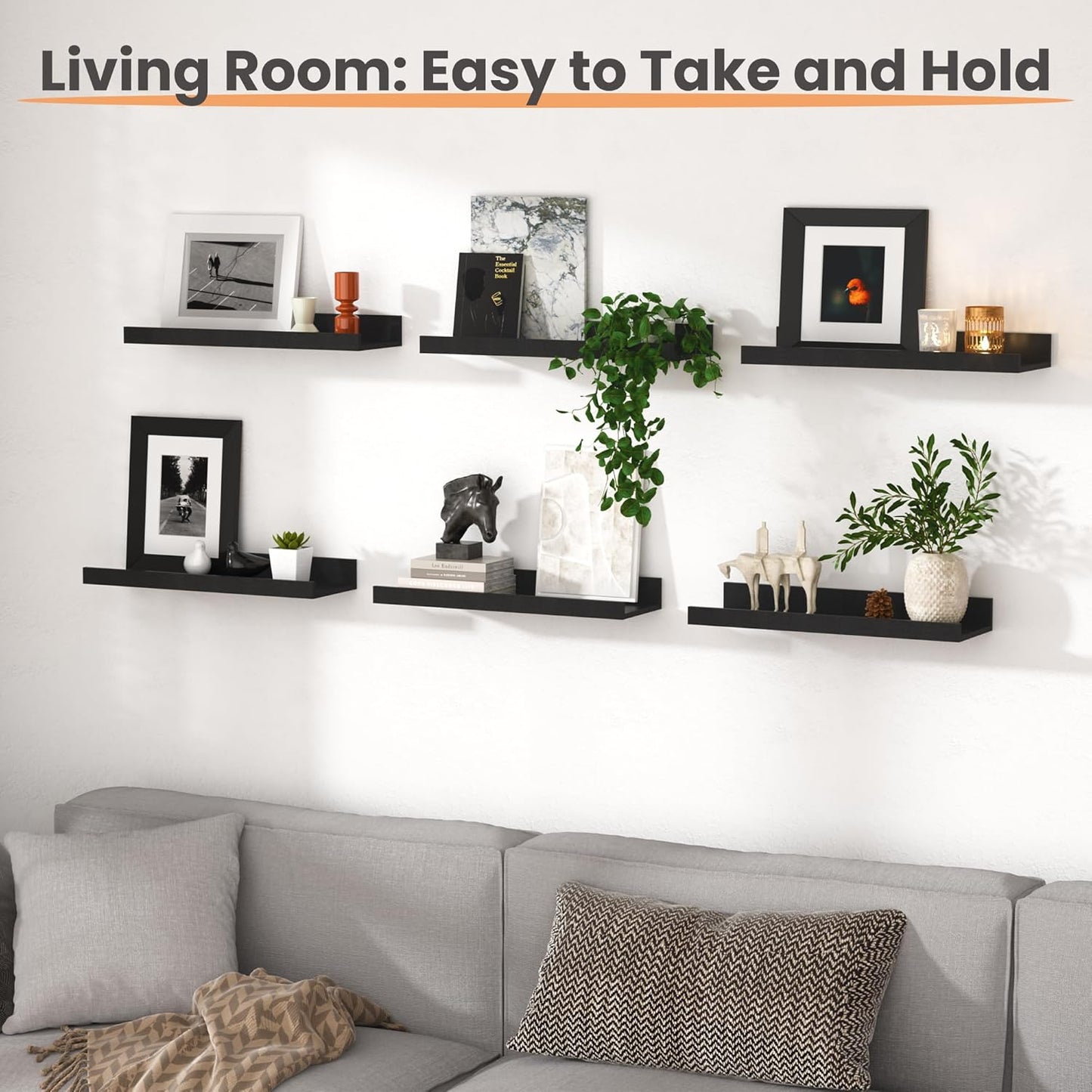 upsimples Floating Shelves for Wall, Wall Shelves for Decor Storage Set of 6, Wall Mounted Wood Shelf for Bedroom, Living Room, Bathroom, Kitchen, Picture Ledge Shelf, Black