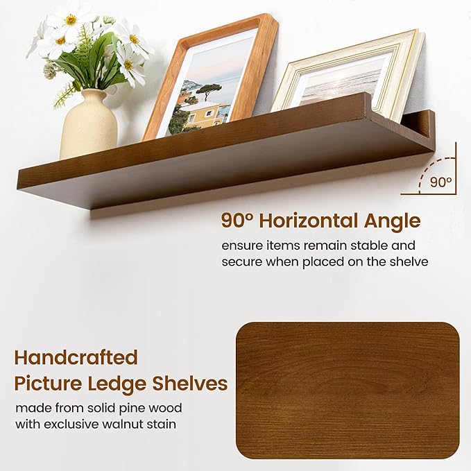 Pine Wood Rustic Floating Ledge Shelves Set of 3, 16 inches Width - Solid Pine, Walnut Finish - Kids' Room to Living Room Wall Decor