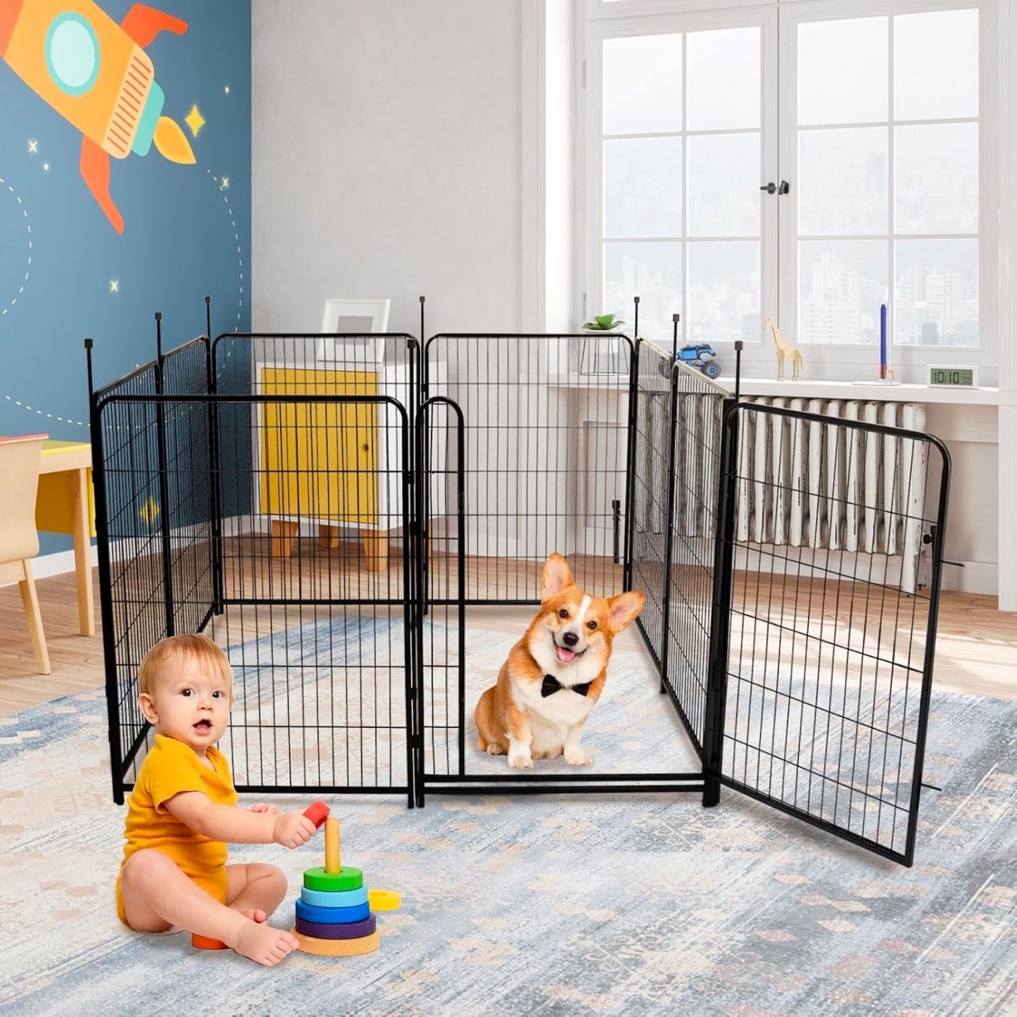 Tall Garden Fences and Borders for Dogs, 48 inch High Garden Fence, 8 Panels Total 17.7 Ft, 21 in Wide Low Threshold Gate. Modular Fencing, Dog Fence Outdoor for Yard. Vegetable Garden Fence