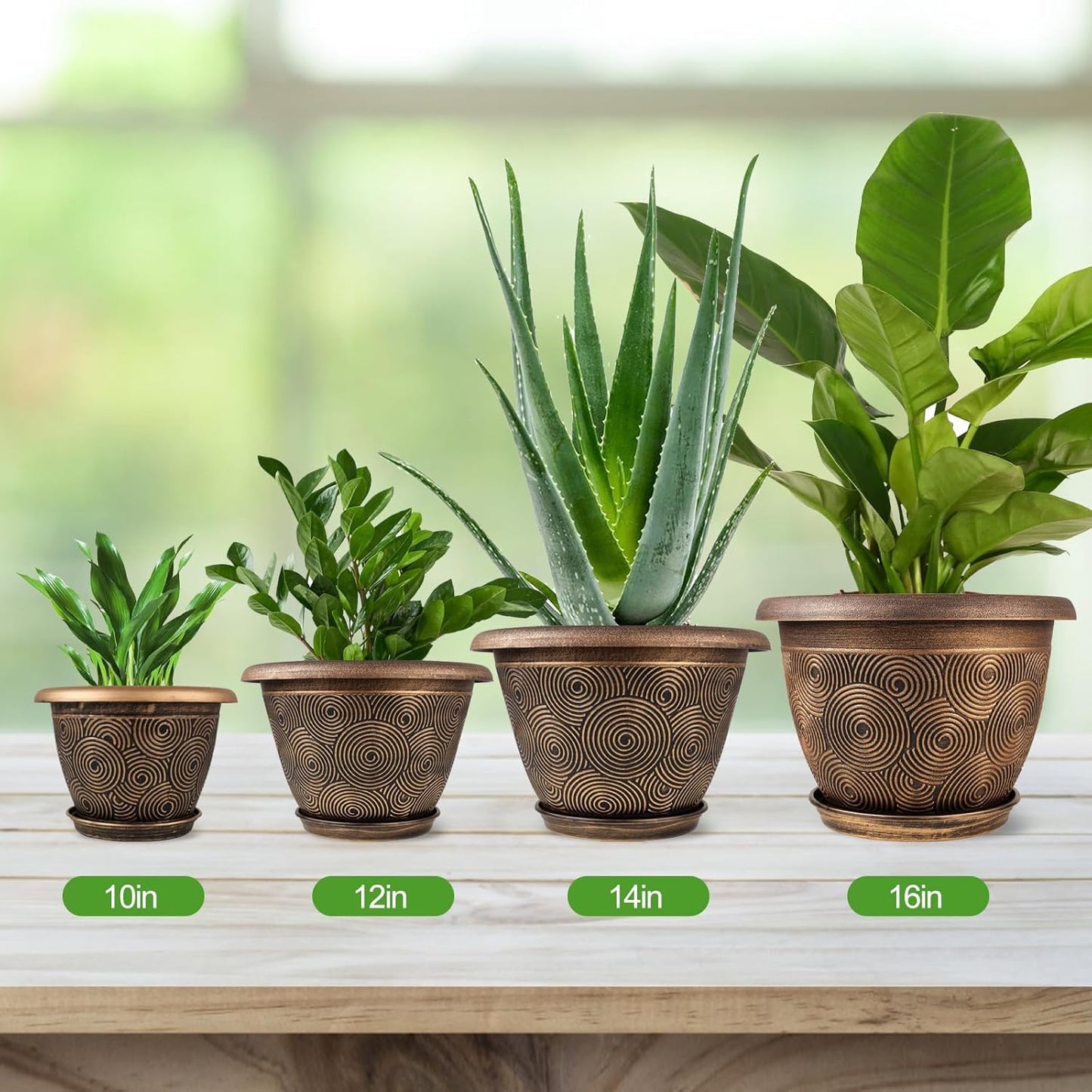 14 Inch Large Planter Pot for Plants Indoor Outdoor, 4 Pack Plastic Flower Pots with Drainage Hole & Tray, Modern Decorative Garden Pot with Saucer, Plant Container for House
