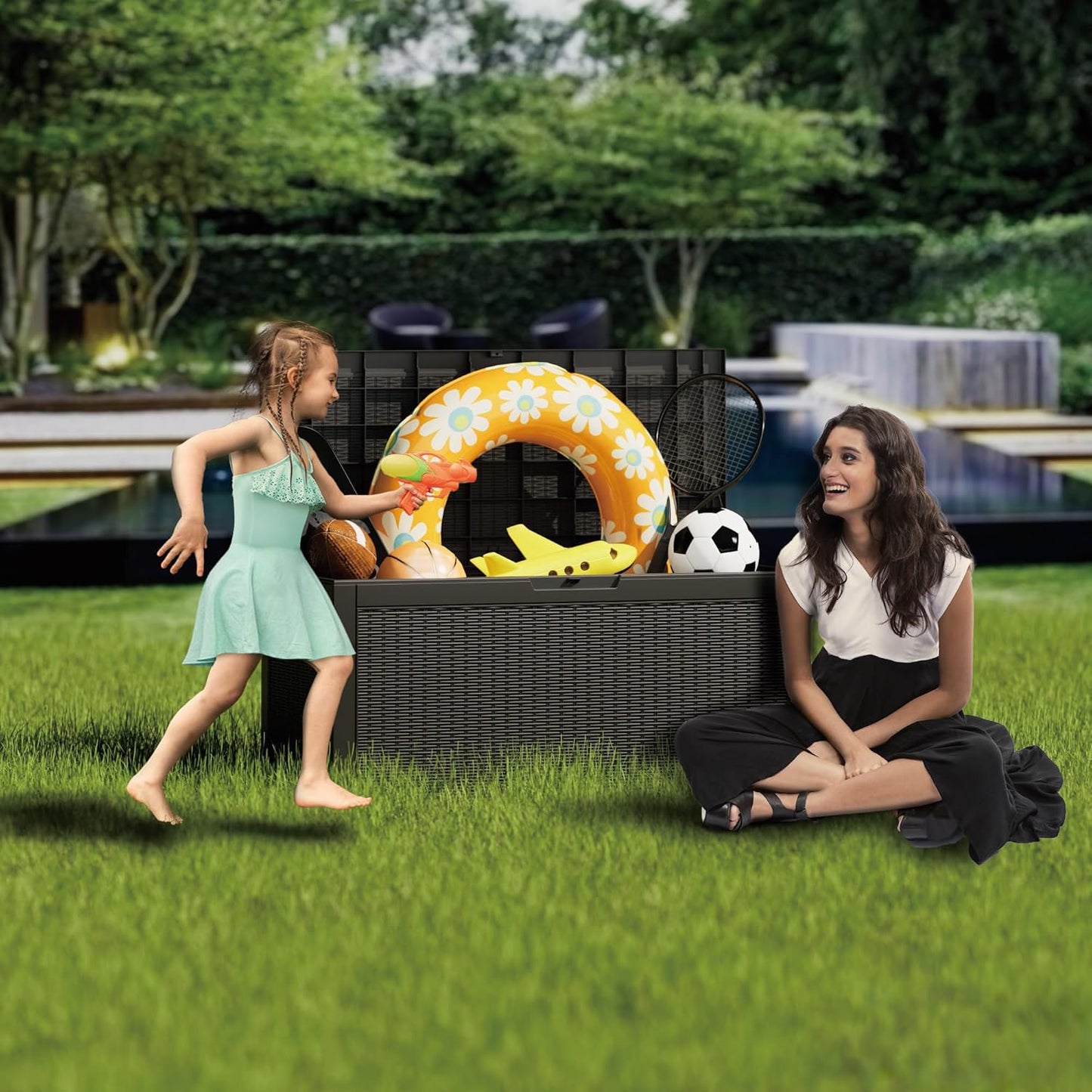 100 Gallon Double-Wall Resin Deck Box - Lockable Waterproof Outdoor Storage Box, 1000lbs Capacity & Doubles as Seating for Patio Furniture - Garden Tools, Pool Accessories (Black)