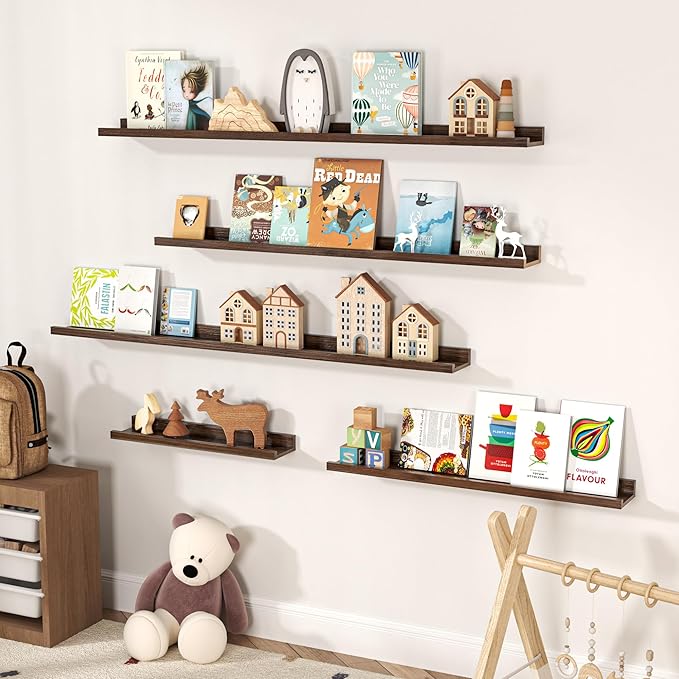 Floating Shelves for Wall, Picture Ledge Shelf 36 Inch Solid Wood Set of 2, Rustic Wall Shelves with Lip, Kids Bookshelf, Photo & Picture Live Edge Floating Shelves for Bedroom, Living Room, Kitchen