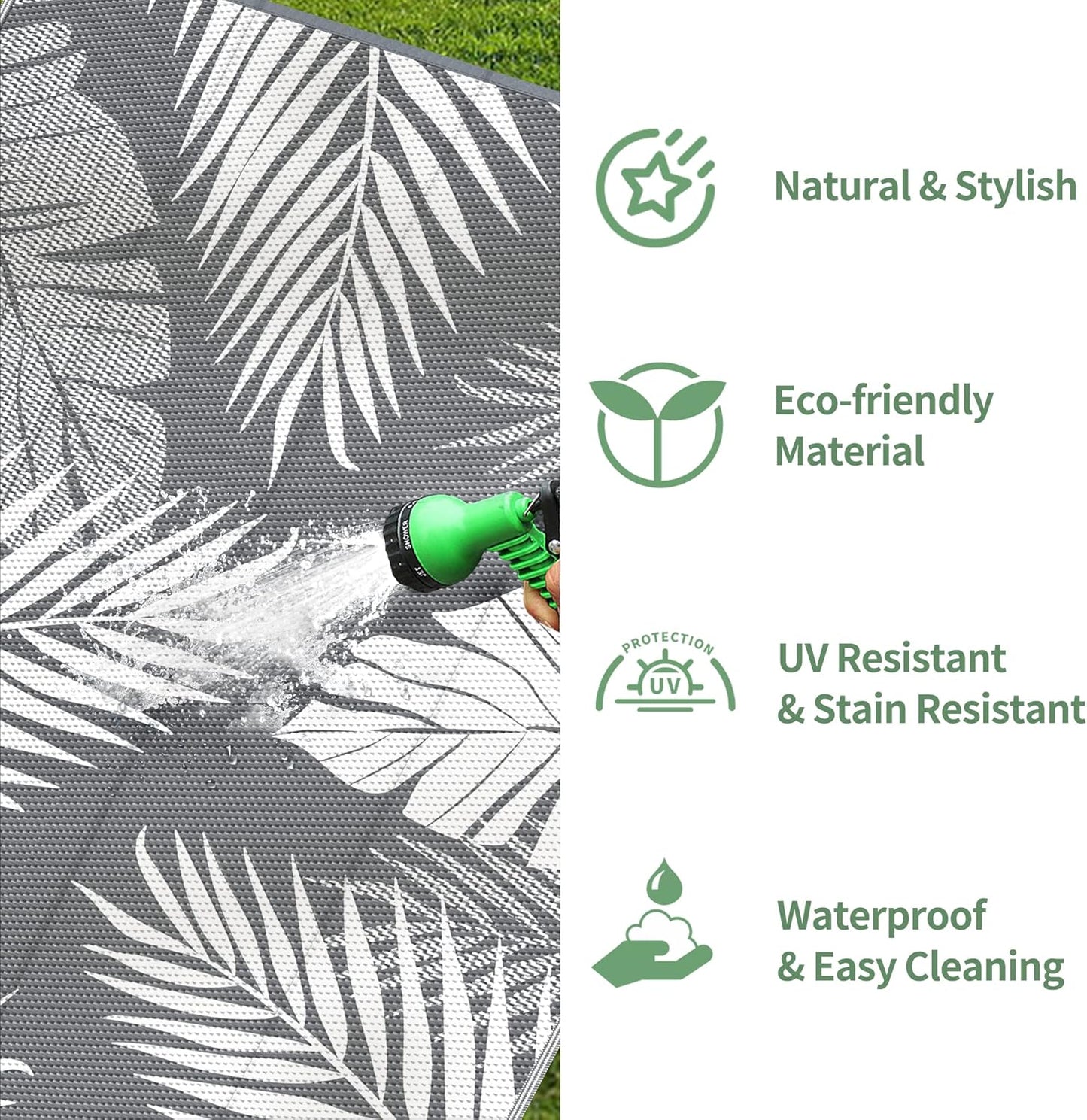 GENIMO Outdoor Rug 6' x 9' Waterproof for Patios Clearance, Reversible Plastic Straw Camping Carpet, Large Area Rugs Mats RV, Picnic, Backyard, Deck, Balcony, Porch, Beach, Grey&White