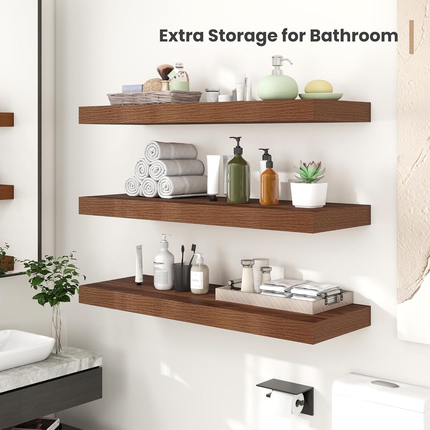 Heimlove 12" Deep Floating Shelves, 36 x 12 Inch Wall Mounted Long Floating Shelf with Invisible Brackets, for Home Decor, Bedroom, Kitchen, Living Room, Bathroom - 2 Pack, Walnut