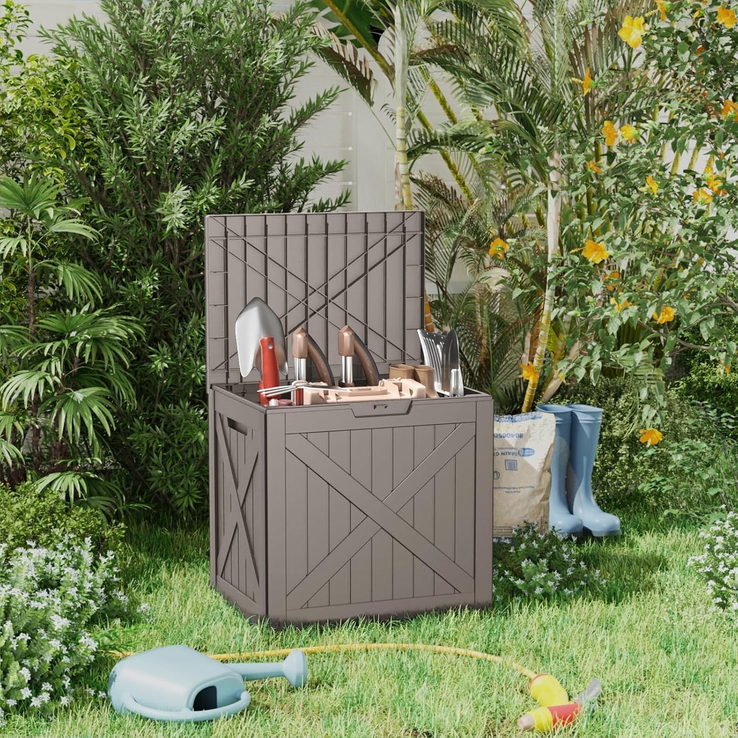Vixzen 32 Gallon Outdoor Deck Box,Lockable Resin Waterproof Storage Box,UV Resistant,Weather Resistance,Outside Storage Bin for Gardening Tools,Pool Supplies,Grey