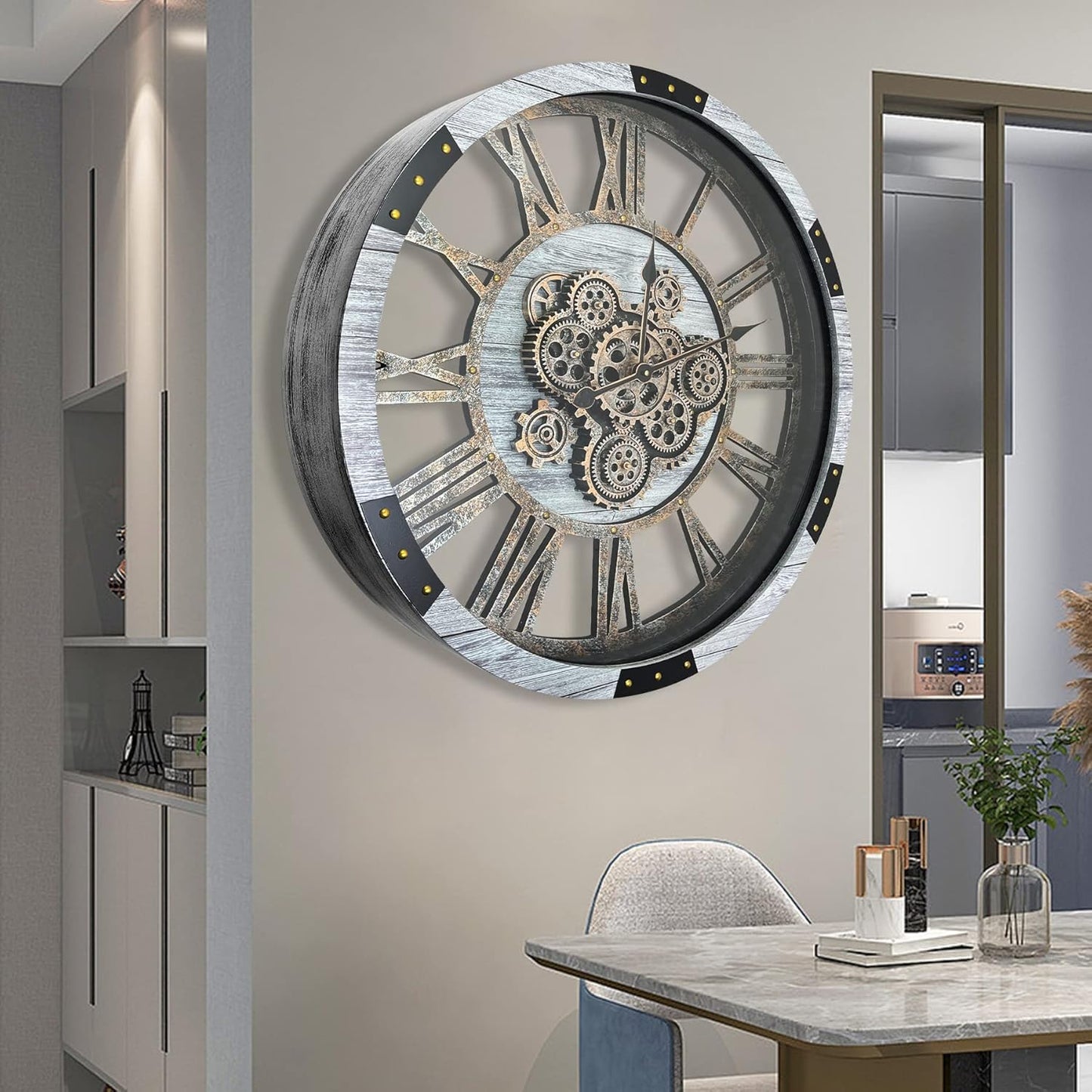 DORBOKER 36" Original Moving Gears Wall Clock, Large Industrial Wall Clock for Living Room Decor, Retro Metal Solid Wood Vintage Farmhouse Steampunk Rustic Clocks for Wall Decor,Silver Grey