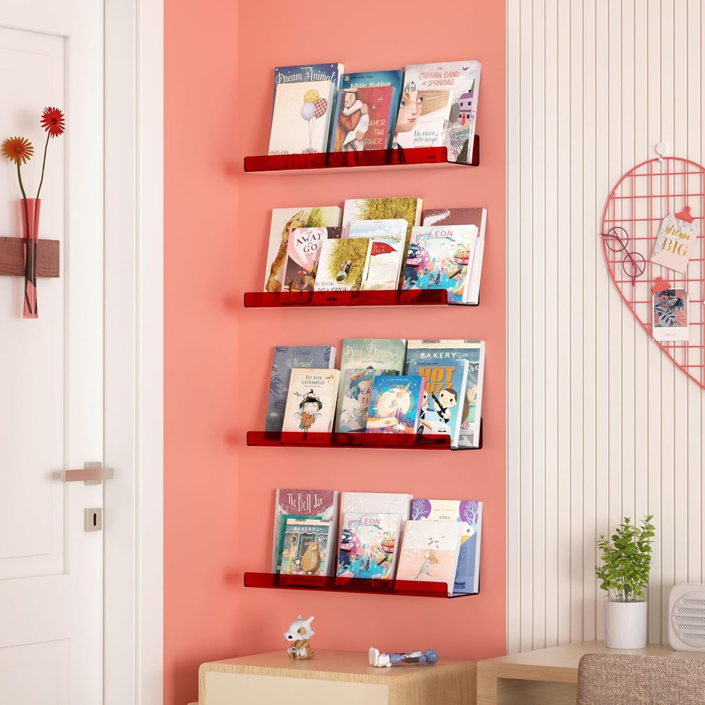 upsimples Acrylic Shelves for Wall Decor, 15" Display Shelf Perfume Organizer for Bathroom, Bedroom, Living Room, Floating Bookshelves for Kids, Clear Red, 4 Pack