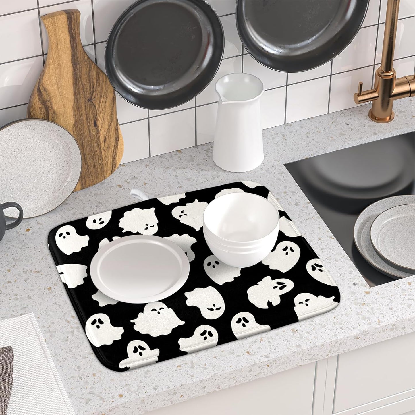 Halloween Dish Drying Mat for Kitchen Counter Cute Ghost Holiday Super Absorbent Reversible Microfiber Kitchen Countertop Protector Dishes Pad Small 16x18 inch