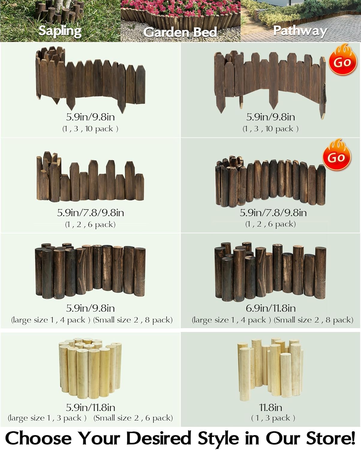 Wood Fence Border for Garden Beds – 9.8" H x 47" L Wooden Landscape Edging Panels, Rustic Decorative Outdoor Divider for Lawn, Path, and Yard Design (9-Pack)