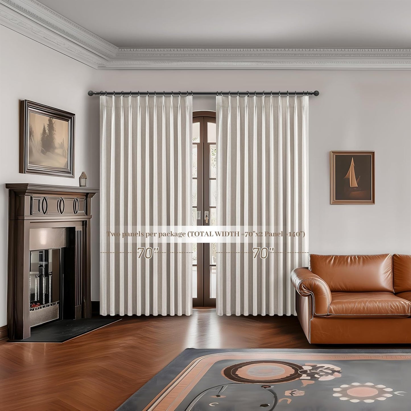 Curtains 70 Inch Length Wide Pinch Pleated Blackout for Sliding Glass Door, Farmhouse Natural Linen Thick Thermal for Summer Heat/Sound Noise Reducing Heavy Large Window Drapes (70"Wx120"Lx2Panels)