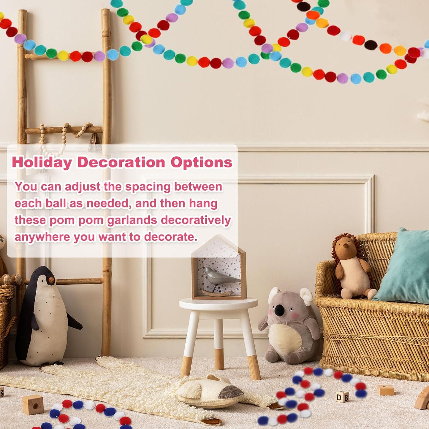 PATIKIL 26Ft Pom Pom Garland Decorations, 4Pcs Colorful Felt Ball Garland Banner Cute Rainbow Pompom Hanging Decorations for Tree Ornaments Homes Decor, Black/Orange/White