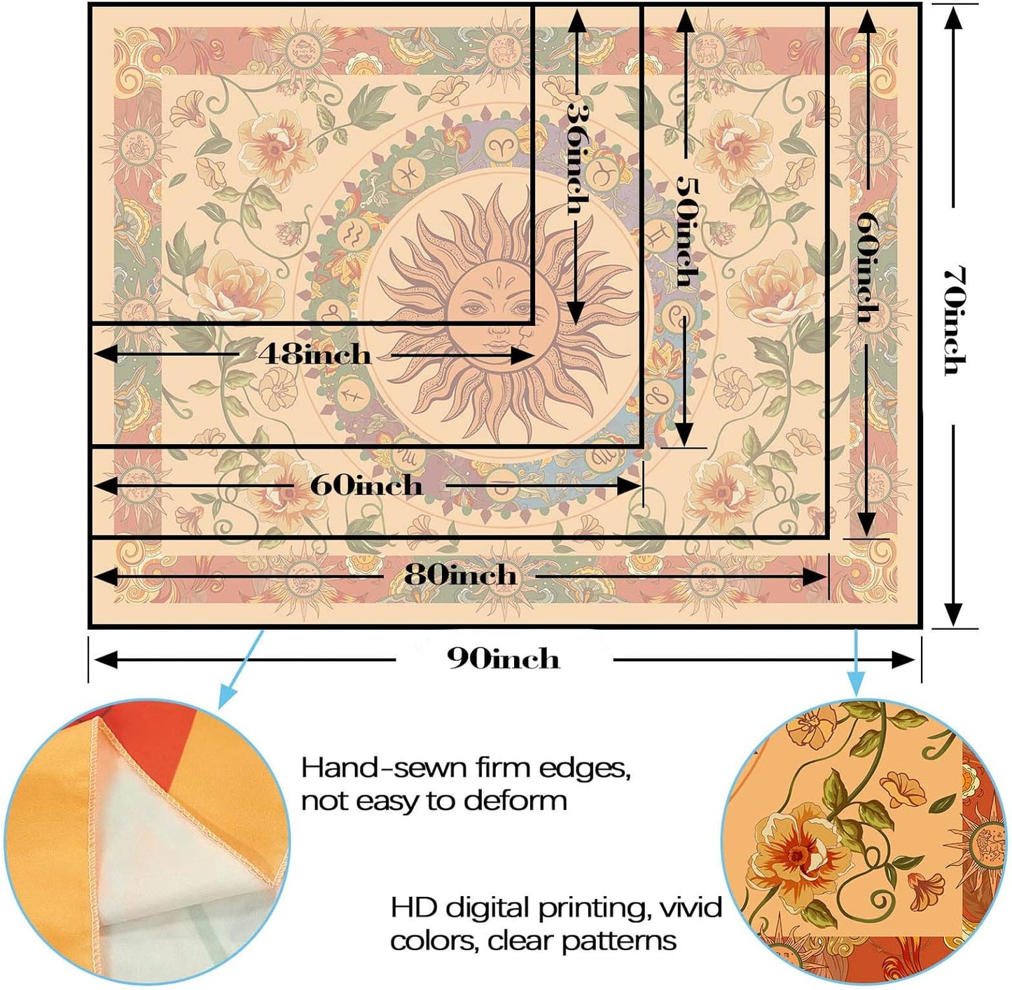 Aipon Yellow Sun and Moon Tapestry Indie Tapestries Boho Orange Flower Floral Tapestry Wall Hanging Cool Vintage Aesthetic Wall Tapestry for Bedroom Living Room Dorm (90.6'' Ă 70.8'', Orange)
