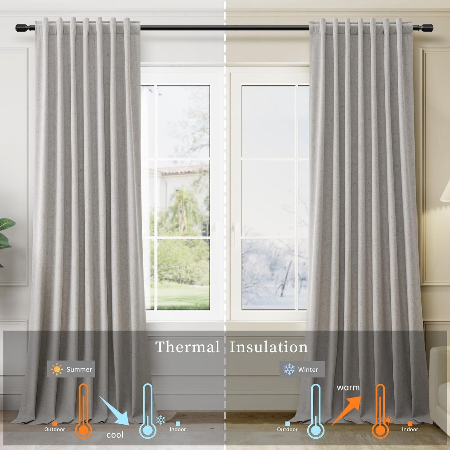 BOODII Linen Blackout Curtains for Bedroom 72 Inch Length 2 Panels Set Room Darkening Curtains Silver Gray Black Out Curtain Neutral Thermal Insulated Living Room Nursery Drapes Back Tab 52x72